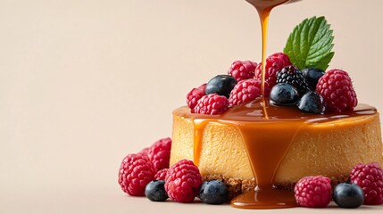 Caramel sauce pouring over a baked cheesecake, styled with fresh berries, isolated on light beige background