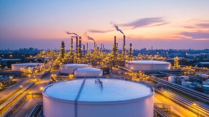 Naklejka premium Illuminated oil refinery at twilight with storage tanks
