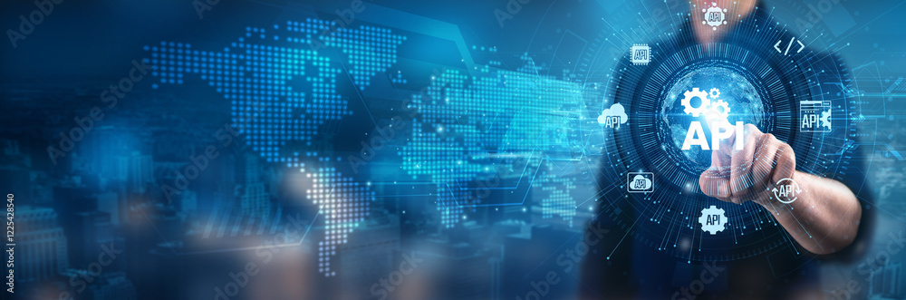 Poster businessman touching api development frameworks, data exchange protocols, software integration techn