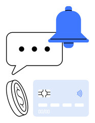 Chat bubble, blue notification bell, credit card, and coin icon. Ideal for finance, online payments, fintech, digital banking notifications communication e-commerce. Abstract line flat metaphor