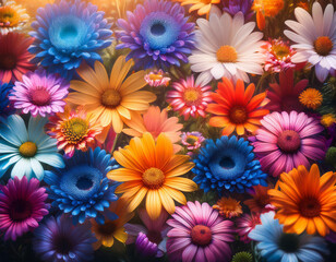 beautiful bouquet of multi-colored gerberas, top view. Background, texture