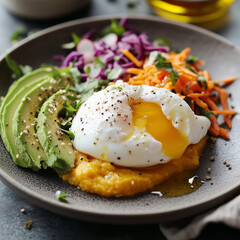 Poached egg on the sweet potato puree with avocado and fresh greens, carrots and radish. Balanced nutritious healthy breakfast