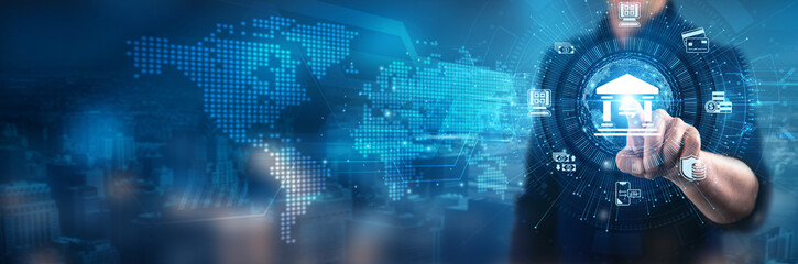 Businessman touching online banking interfaces, financial technology, secure transactions, digital...