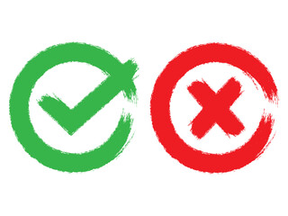 Obraz premium check mark, cross, x mark icon set in green, red, and black colors, Hand drawn right and wrong vector sign in circle brush stroke outline shape. tick mark symbol and x cross sign in brush style