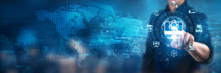 Educational Technology. Businessman touching learning management systems, digital content creation, collaborative platforms, adaptive learning technologies, virtual classrooms, educational solutions.