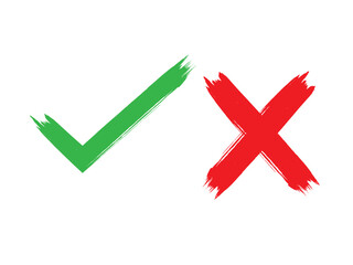 Obraz premium check mark, cross, x mark icon set in green, red, and black colors, Hand drawn right and wrong vector sign in circle brush stroke outline shape. tick mark symbol and x cross sign in brush style