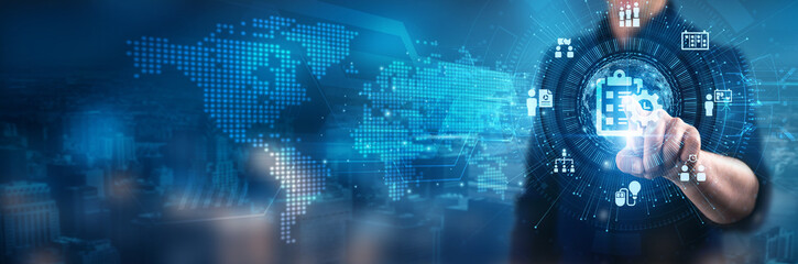 Project Management. Businessman touching project initiation process, resource allocation strategies, risk assessment techniques, project execution plans, performance monitoring metrics.