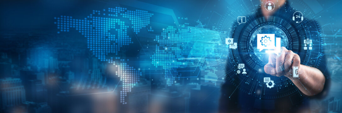 IT Consulting. Businessman touching IT consulting interface technology solutions, digital transformation, business strategy innovation, cloud services, data security management.