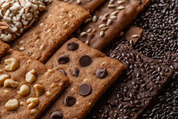 A whole grain cookies, healthy snack from flex and sesame seeds. Homemade grab-to-go crunchy biscuits. Diet low carb bakery dessert