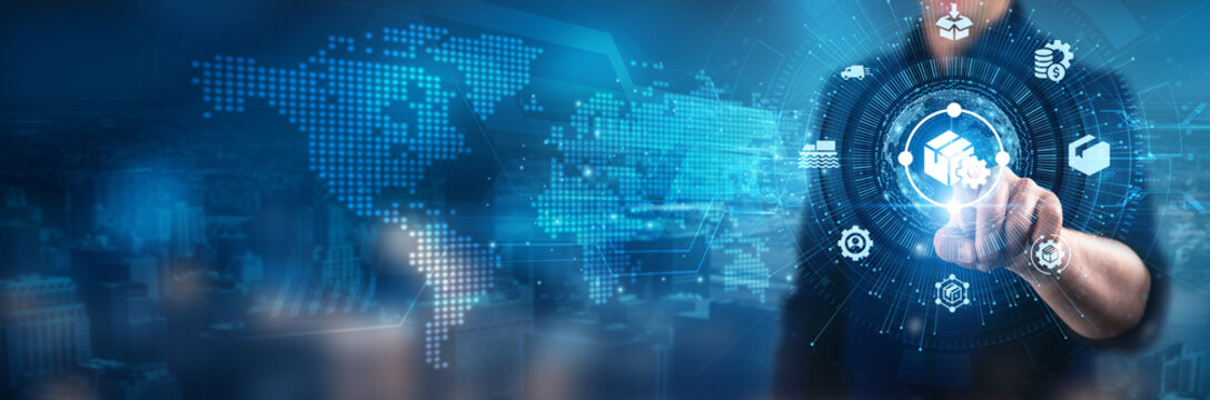 Supply Chain Management. Businessman touching inventory systems logistics software demand forecasting shipping data, supplier networks, warehouse management logistics optimization procurement. - Powered by Adobe