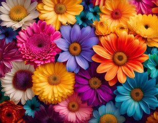 beautiful bouquet of multi-colored gerberas, top view. Background, texture