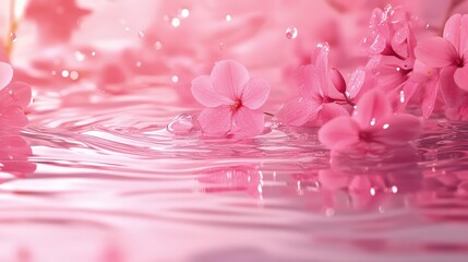 Soft pink rose petals gently scatter across the surface, their delicate curves catching the light.