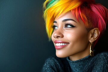 Fototapeta premium Short hairdo - multicolored hair. Stunning smiling black girl - for ads, ad page and social online promotion ad use. Commercial marketing creative. Commercial photography shoot.