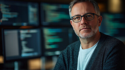 Obraz premium A middle-aged male software developer with glasses, dressed in a casual dark-gray cardigan over a simple white t-shirt, standing in front of a blurred background featuring multiple computer screens wi