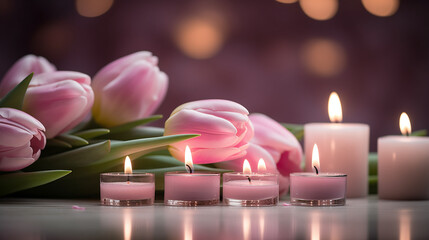 Pink tulips with romantic candles