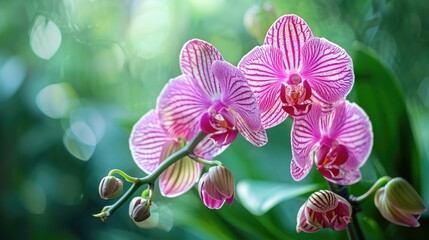 Blooming pink striped orchid flowers and buds with green backdrop.