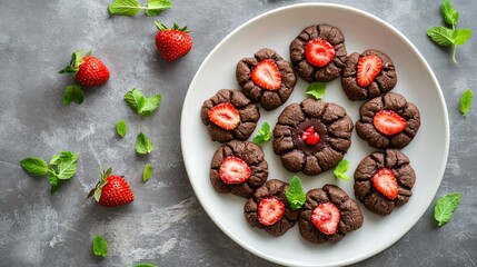 A plate of strawberry chocolate cookies arranged like a flower, surrounded by mint leaves, isolated on soft gray background