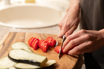kitchen, cooking vegetables, ratatouille, vegetables, knife, board