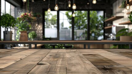 Obraz premium Blurry Wood Table in Modern Restaurant Setting with Empty Space for Product Display.mockup.