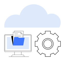 Folder with files on a computer screen, gear icon, cloud overhead. Ideal for cloud storage, data management, online services, digital transformation, system settings, IT operations abstract line