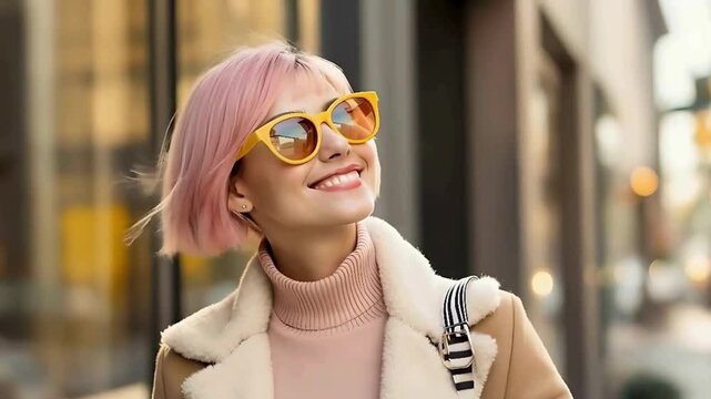 Trendy Young Woman with Pink Hair and Yellow Sunglasses Enjoying a Sunny Day - Perfect for Lifestyle and Fashion Content