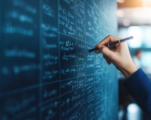 Hands writing equations on a glass board in an office, symbolizing problemsolving and innovation