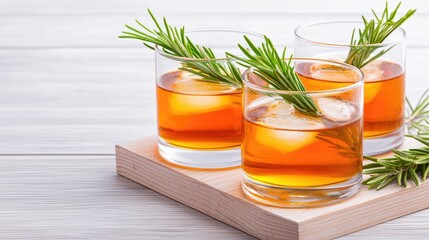 Rosemary cocktails on wooden tray, bright background, refreshment, for bar menus