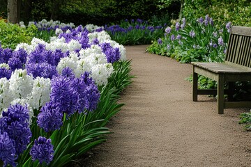 Hyacinth Garden Pathway A garden path flanked by hyacinths in shades of lavender and white, with a wooden bench in the distance