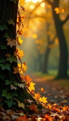 Vines entwined with last yellow leaves glowing softly in the fading light, warm tones, soft glow