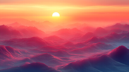 stunning sunset over 3D landscape with warm orange hues and soft mountain silhouettes creates serene atmosphere