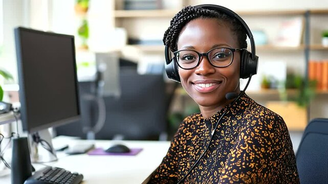 Professional customer service representative working in a contemporary office environment.