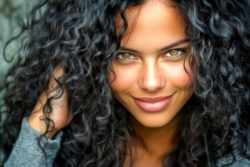 Fototapeta premium Commercial commercial conceptual art. Pretty smiling mixed-race girl - for ads, brochure ad and social apps use. Long haircut - curly hair. Vibrant hair commercial. African american models.