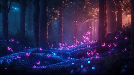 Enchanting Night Forest with Glowing Butterflies