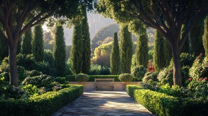 Obraz premium Serene Garden Path With Bench and Cypress Trees