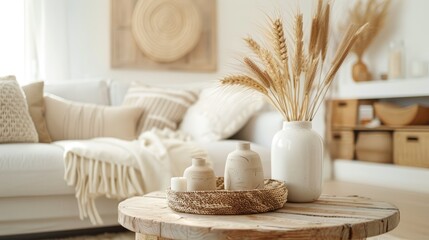 Cozy living room arrangement with wheat in vases on wooden table