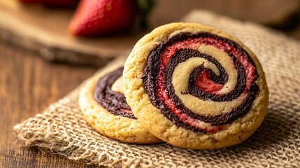 Cookies with a strawberry chocolate swirl design, placed on a rustic burlap cloth, isolated on soft beige background
