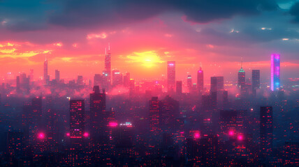 Obraz premium Futuristic cityscape at sunset with vibrant pink and purple hues