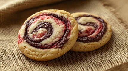 Cookies with a strawberry chocolate swirl design, placed on a rustic burlap cloth, isolated on soft beige background
