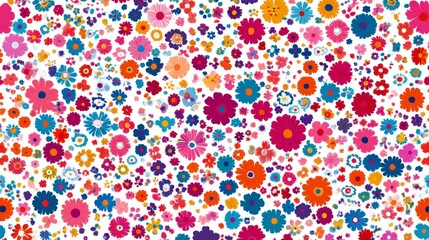 Cute, colorful floral pattern, seamless pattern on a white background, in a flat design style with simple shapes and clean lines. Bright colors of pink, red, orange, blue, and green create a playful, 