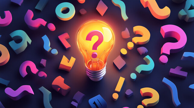 A glowing light bulb surrounded by colorful question marks and doddles on a dark gradient background.