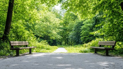 Park path with benches, sunlight through trees. Peaceful nature scene for relaxation or travel brochures