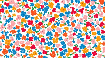 Obraz premium Cute, colorful floral pattern, seamless pattern on a white background, in a flat design style with simple shapes and clean lines. Bright colors of pink, red, orange, blue, and green create a playful, 