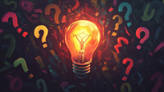 A glowing light bulb surrounded by colorful question marks and doddles on a dark gradient background.