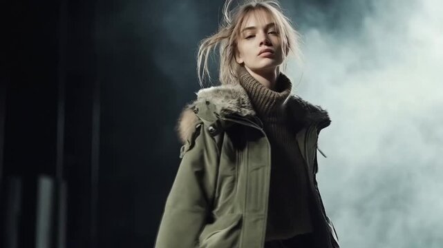 Scene of model walking on stage, smooth repetitive motion for background video animation