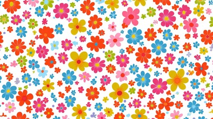Cute, colorful floral pattern, seamless pattern on a white background, in a flat design style with simple shapes and clean lines. Bright colors of pink, red, orange, blue, and green create a playful, 