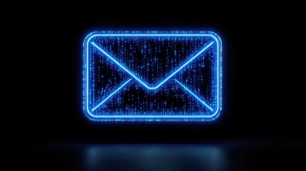 Fototapeta premium Digital Mailbox: A glowing blue neon envelope symbol, rendered in a digital style, illuminates the dark background, representing the essence of modern communication. 