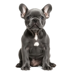 Gray french bulldog puppy sitting, isolated on white background. Isolated, transparent, png.