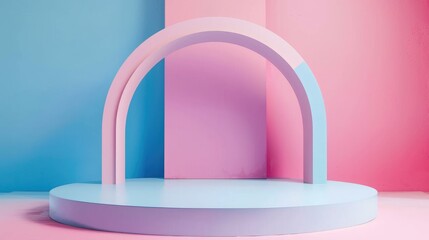 Front view of podium on pink and blue background with room for text