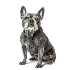 Senior gray french bulldog sitting, isolated on white background. Isolated, transparent, png.