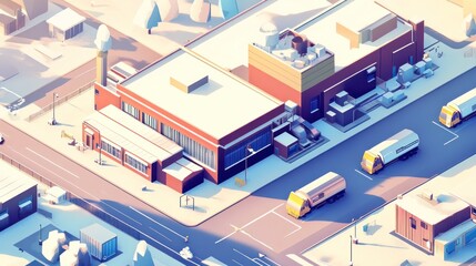 Winter Factory Scene With Delivery Trucks